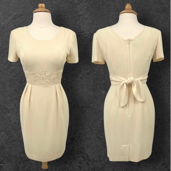 Vintage Donna Morgan Butter Yellow Embellished Waist Tie-Back Sheath Dress 6 - Picture 1 of 14